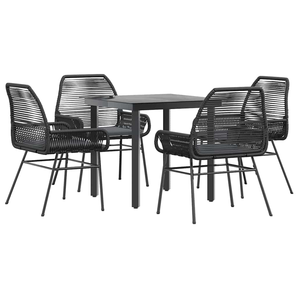 5 Piece Garden Dining Set with Cushions Black Poly Rattan Glass