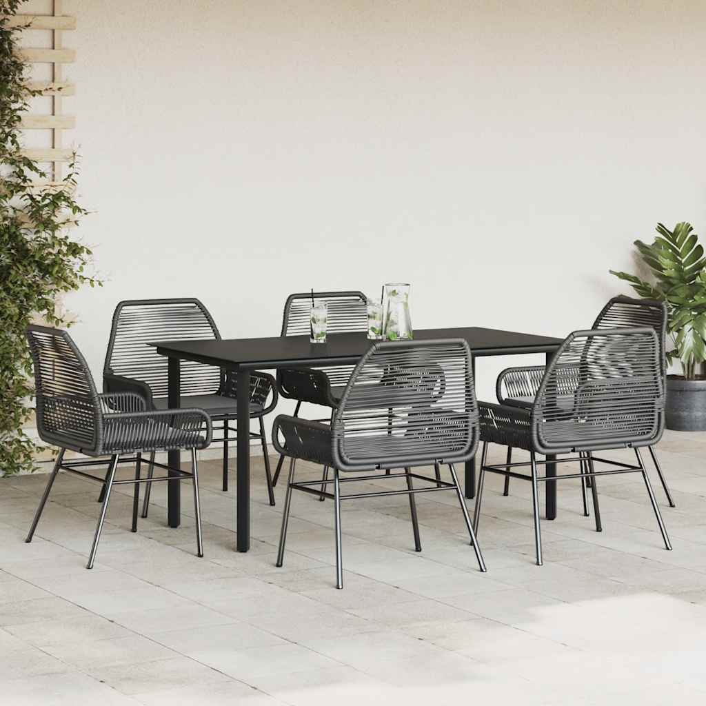 7 Piece Garden Dining Set with Cushions Black Poly Rattan Glass