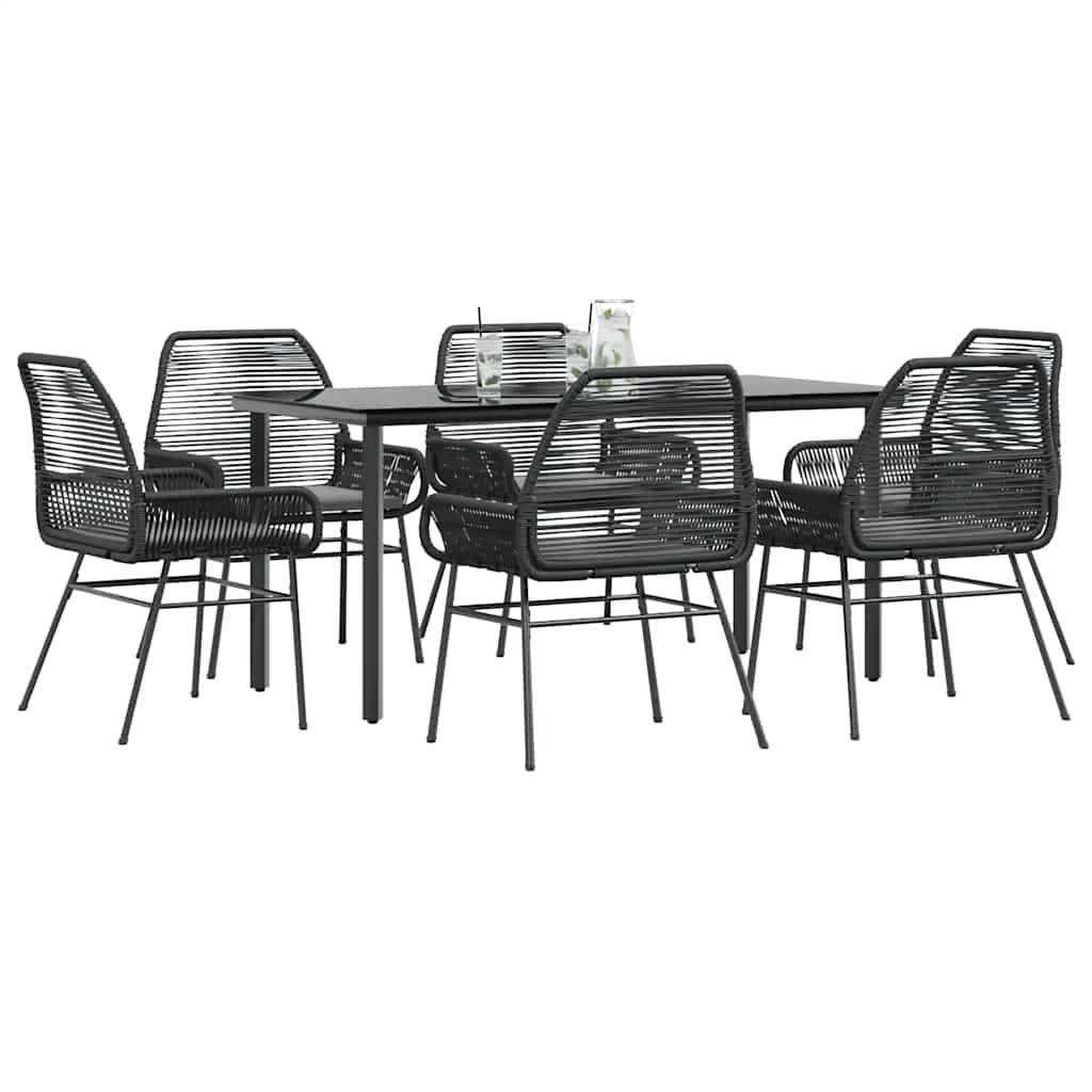 7 Piece Garden Dining Set with Cushions Black Poly Rattan Glass