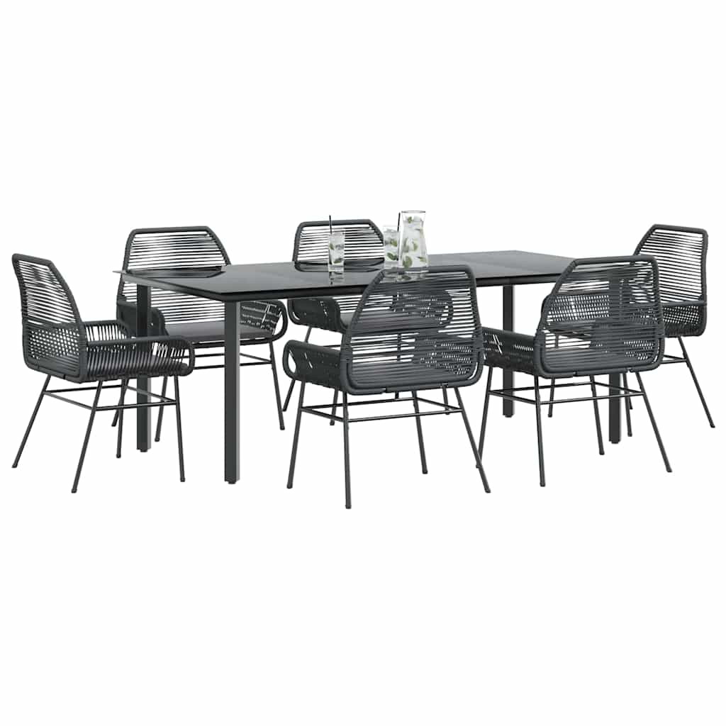 7 Piece Garden Dining Set with Cushions Black Poly Rattan Glass