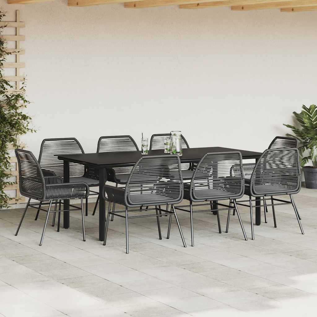 9 Piece Garden Dining Set with Cushions Black Poly Rattan Glass