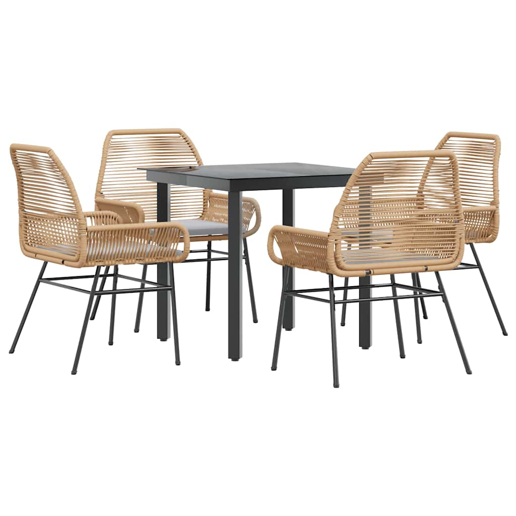 5 Piece Garden Dining Set with Cushions Brown Poly Rattan Glass