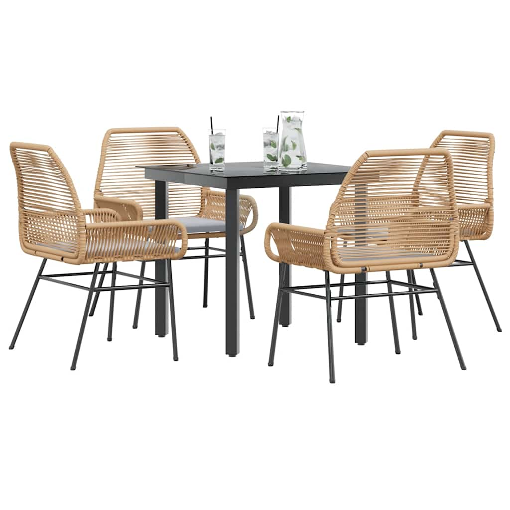 5 Piece Garden Dining Set with Cushions Brown Poly Rattan Glass