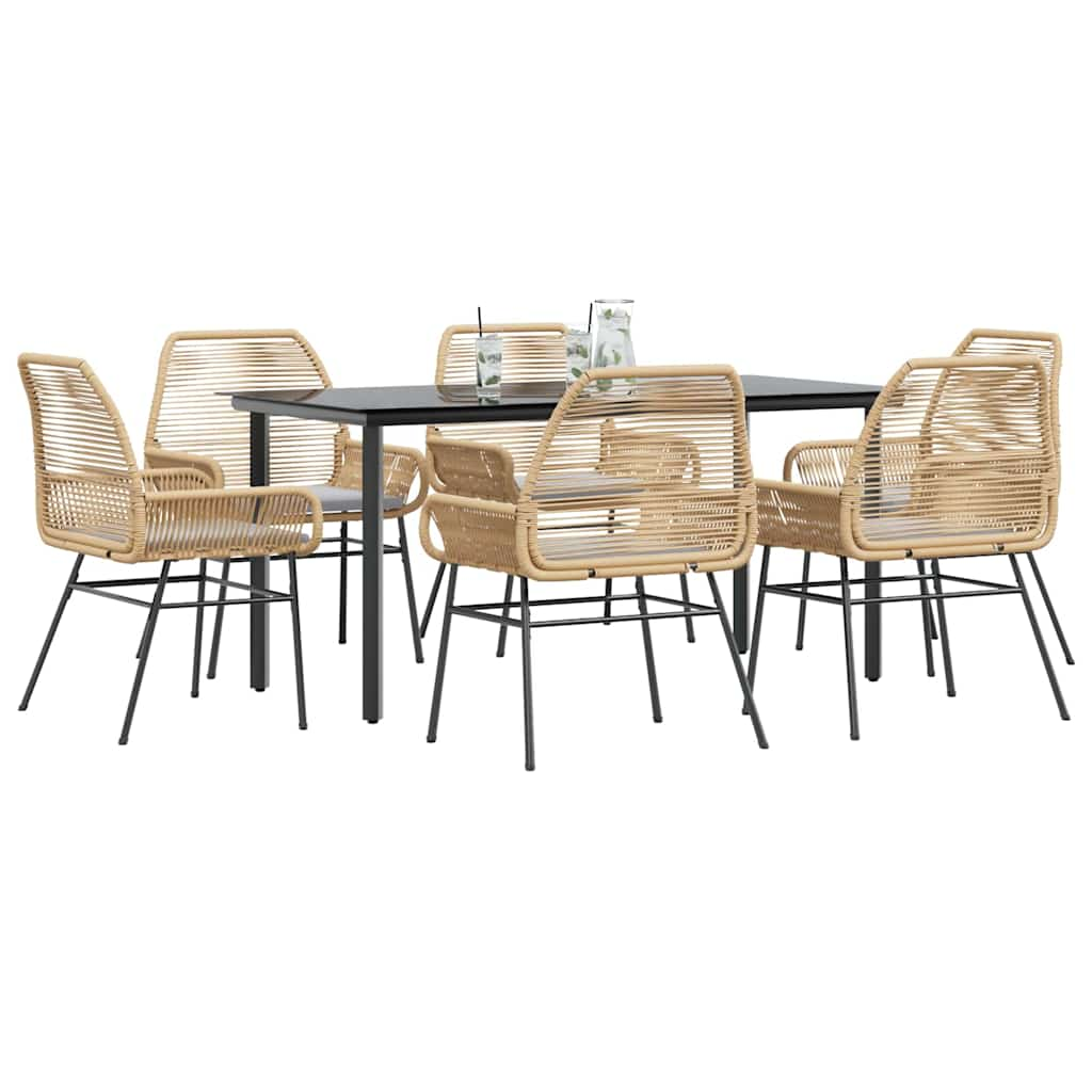 7 Piece Garden Dining Set with Cushions Brown Poly Rattan Glass