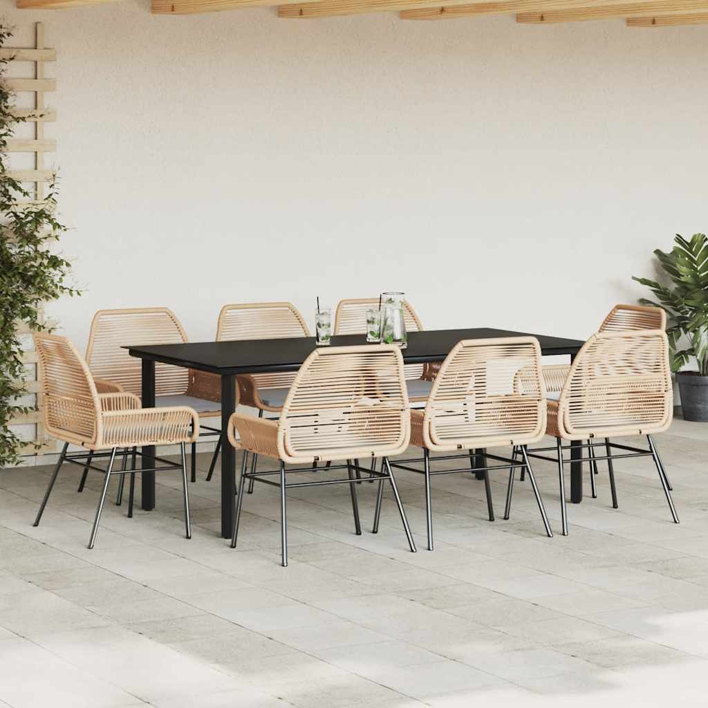 9 Piece Garden Dining Set with Cushions Brown Poly Rattan Glass