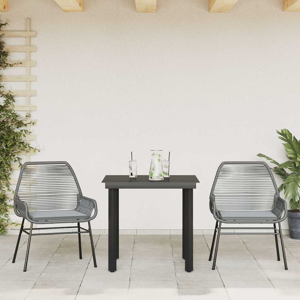 3 Piece Garden Dining Set with Cushions Grey Poly Rattan Glass