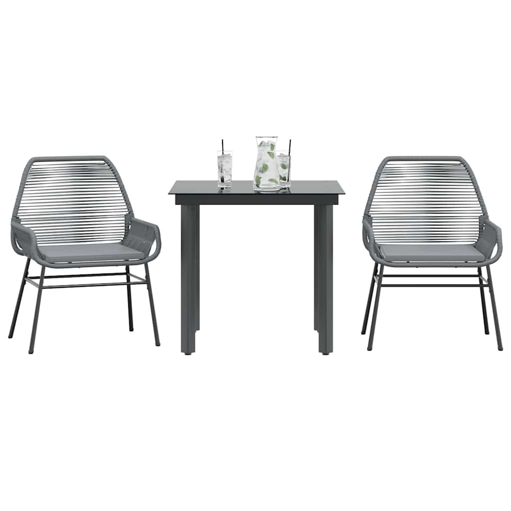 3 Piece Garden Dining Set with Cushions Grey Poly Rattan Glass