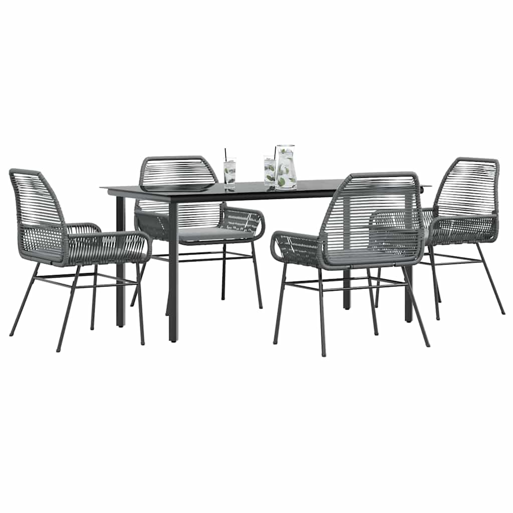 5 Piece Garden Dining Set with Cushions Grey Poly Rattan Glass