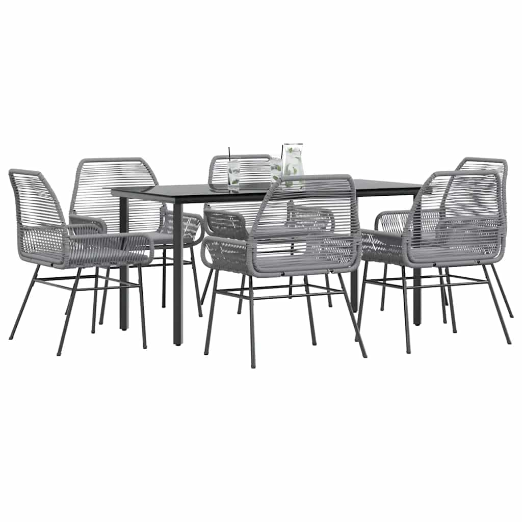 7 Piece Garden Dining Set with Cushions Grey Poly Rattan Glass