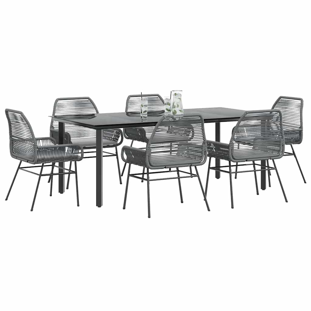 7 Piece Garden Dining Set with Cushions Grey Poly Rattan Glass