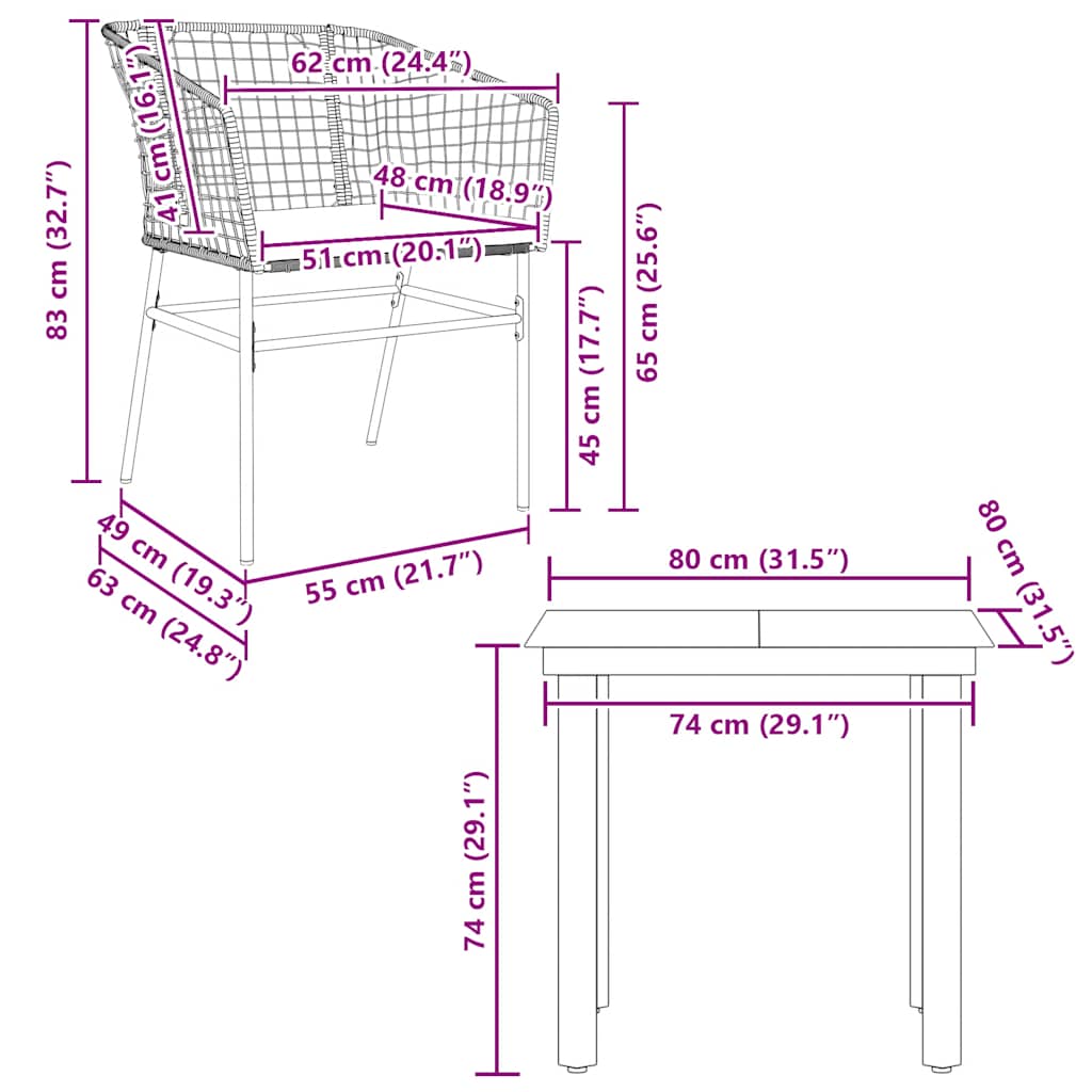 3 Piece Garden Dining Set with Cushions Black Poly Rattan Glass