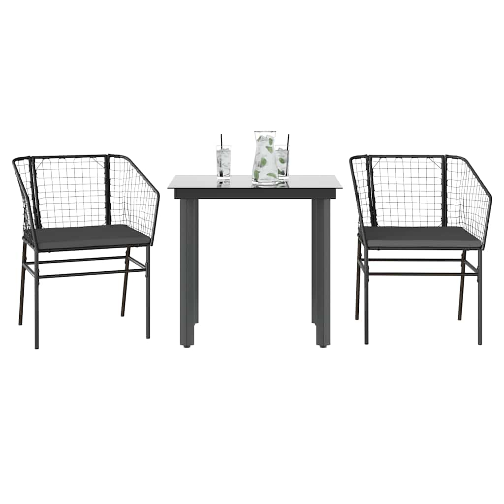 3 Piece Garden Dining Set with Cushions Black Poly Rattan Glass