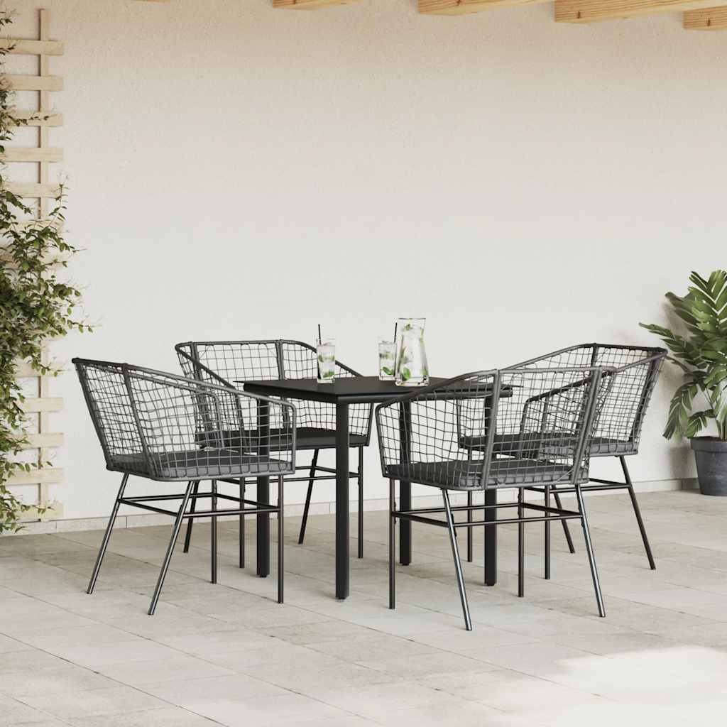 5 Piece Garden Dining Set with Cushions Black Poly Rattan Glass