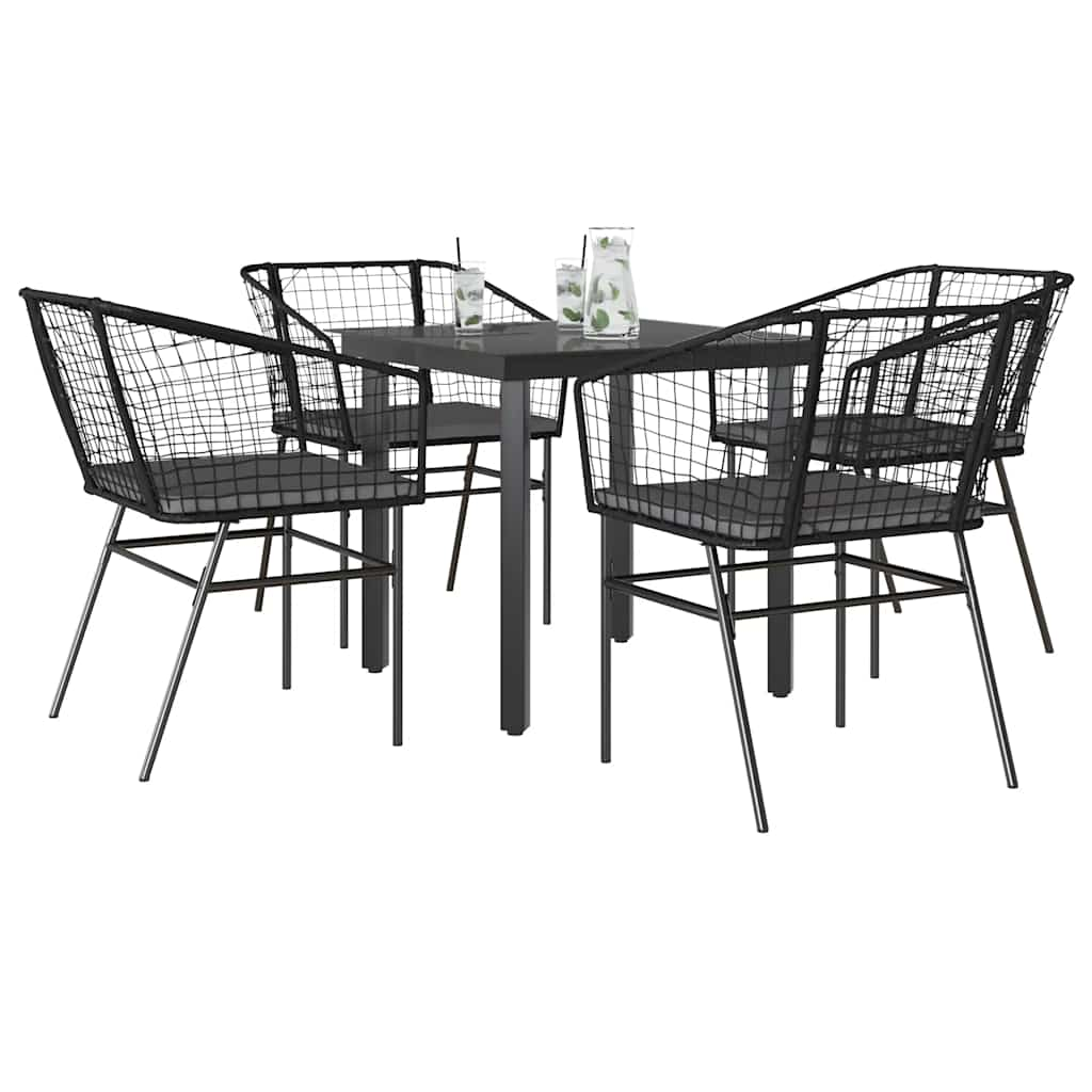 5 Piece Garden Dining Set with Cushions Black Poly Rattan Glass