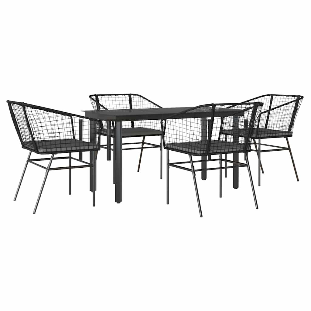 5 Piece Garden Dining Set with Cushions Black Poly Rattan Glass