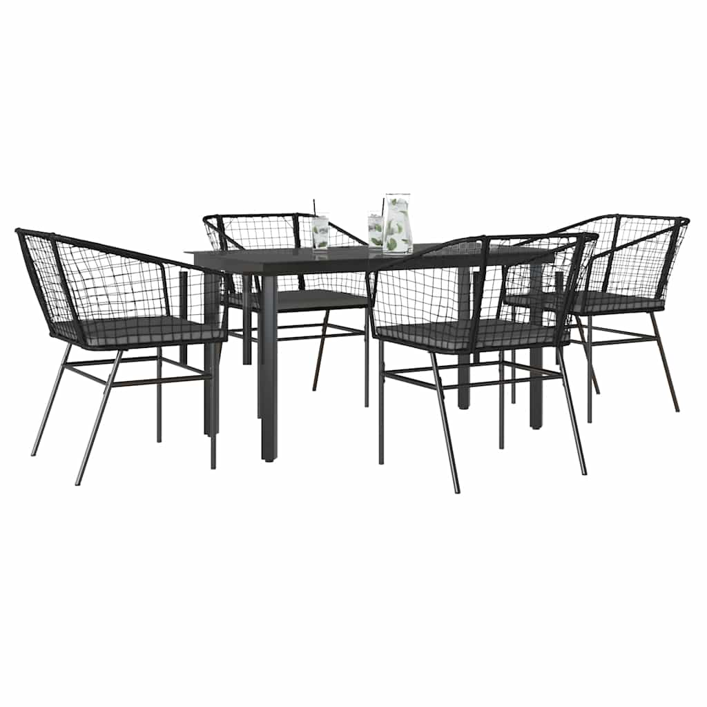 5 Piece Garden Dining Set with Cushions Black Poly Rattan Glass