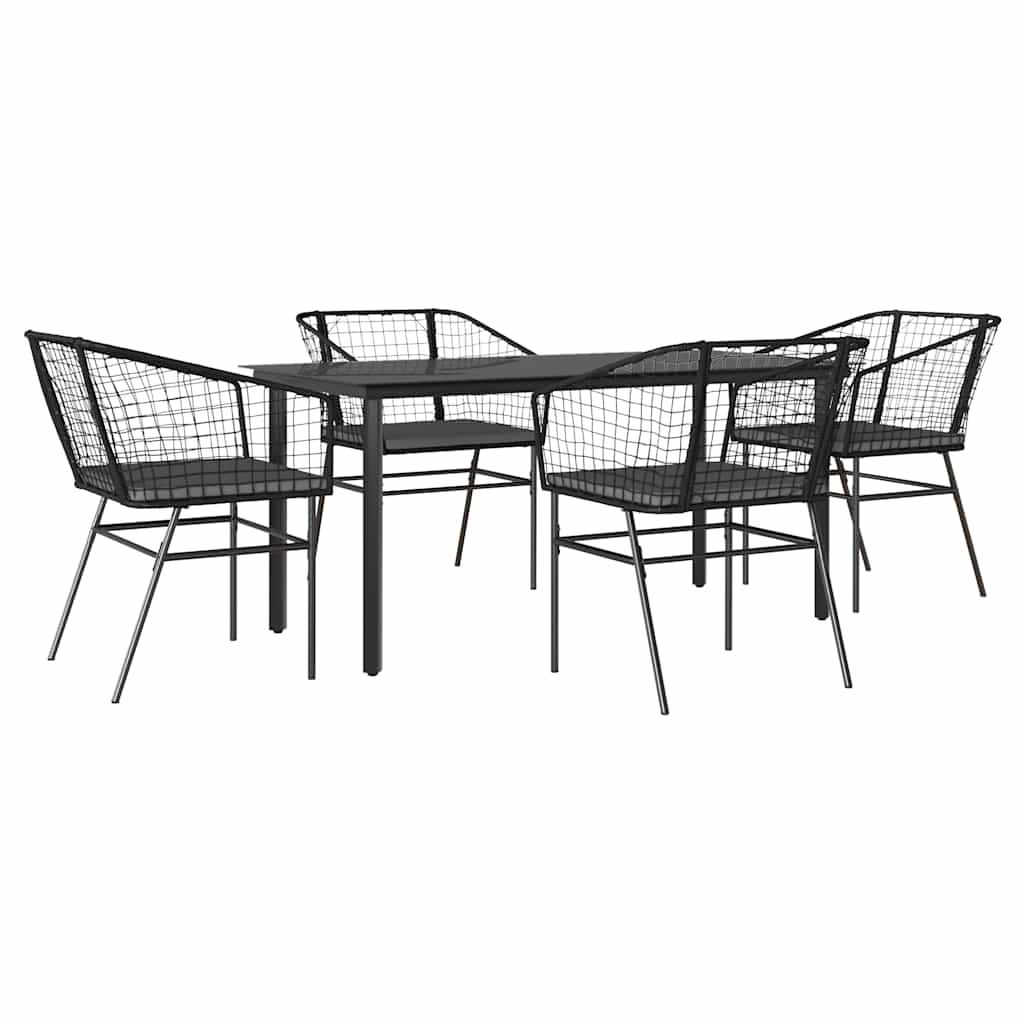 5 Piece Garden Dining Set with Cushions Black Poly Rattan Glass