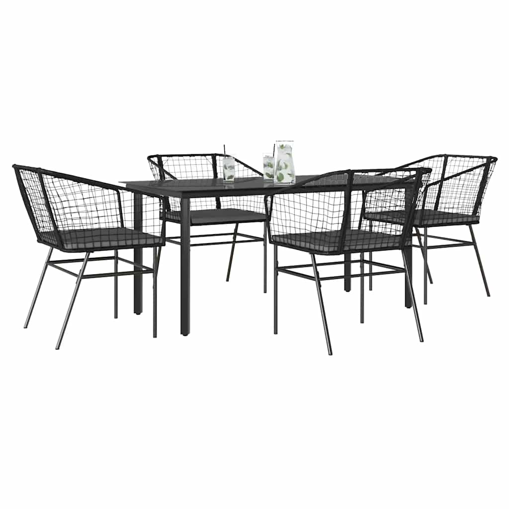 5 Piece Garden Dining Set with Cushions Black Poly Rattan Glass