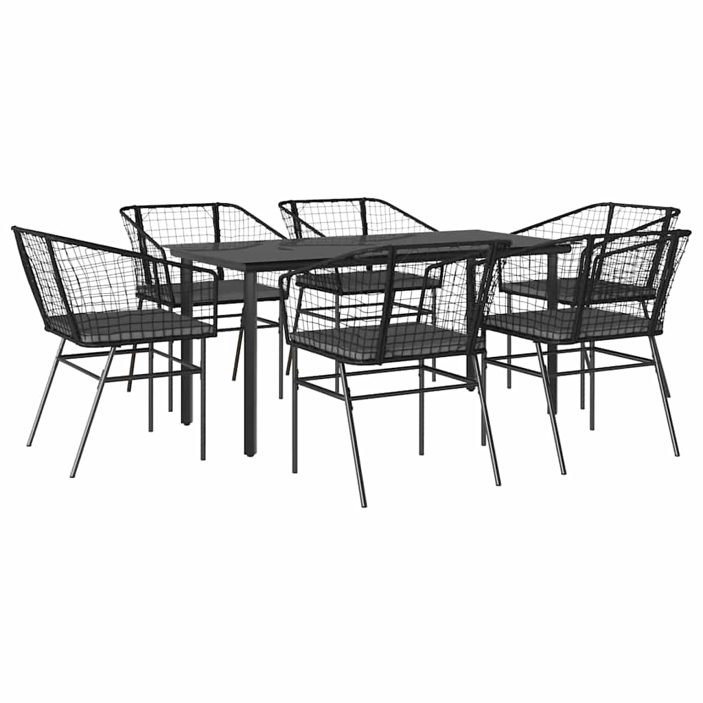 7 Piece Garden Dining Set with Cushions Black Poly Rattan Glass