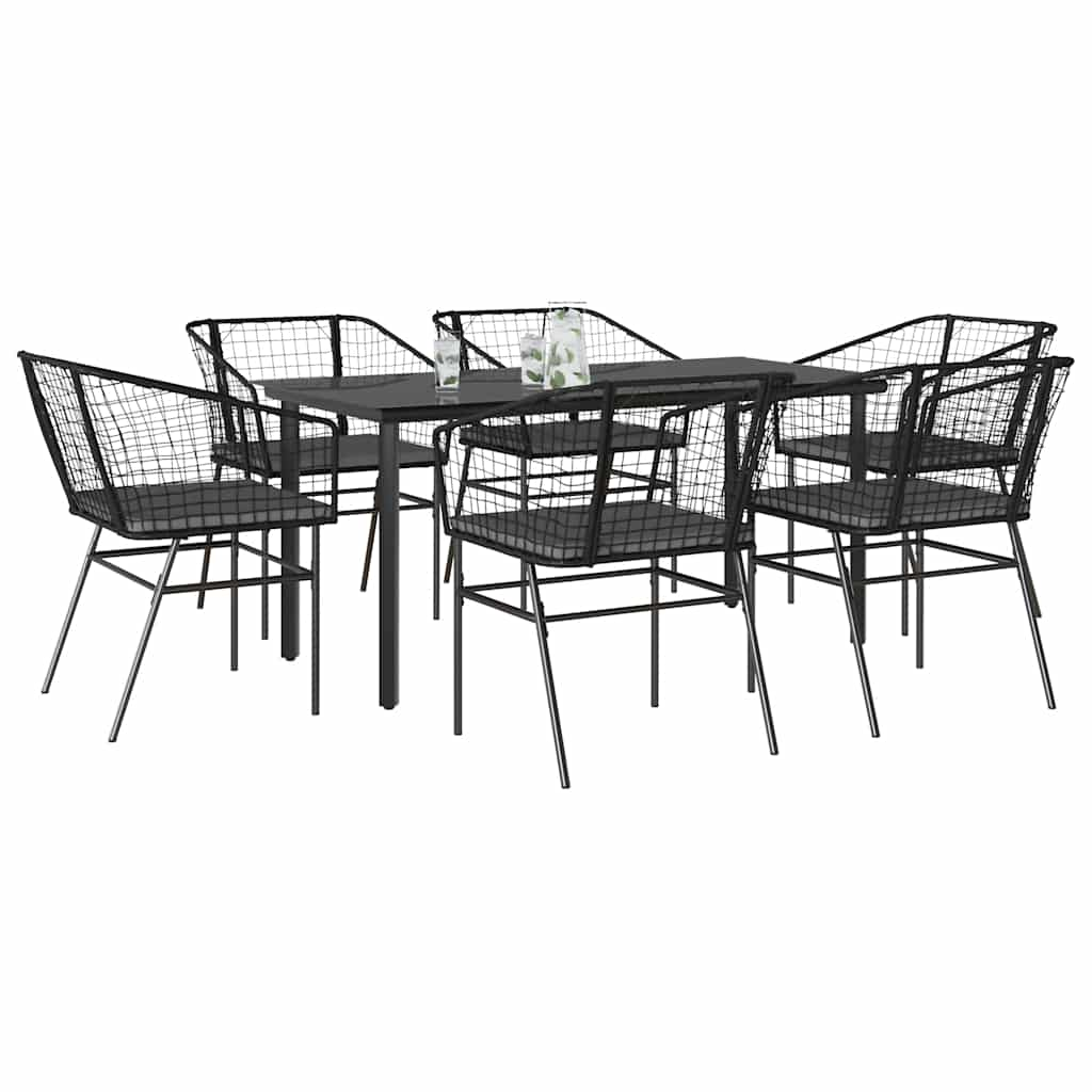 7 Piece Garden Dining Set with Cushions Black Poly Rattan Glass