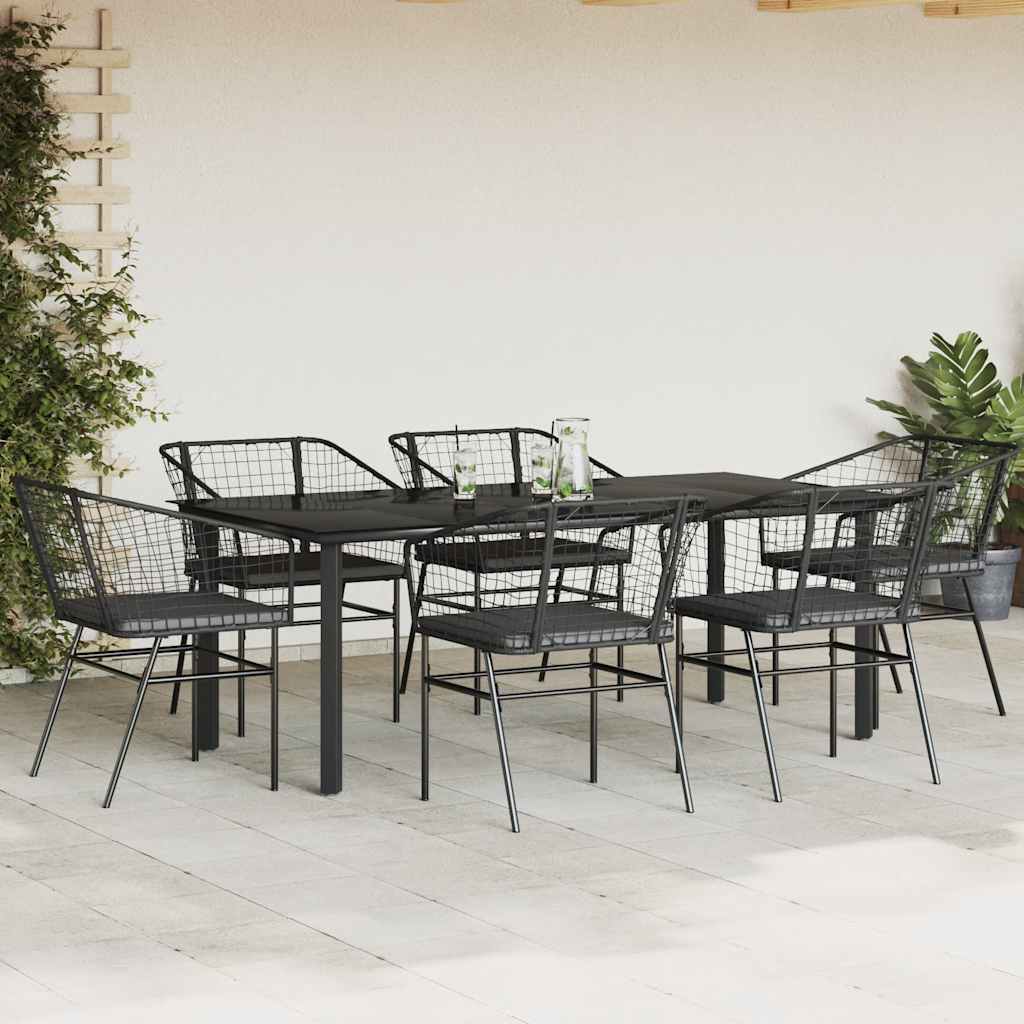 7 Piece Garden Dining Set with Cushions Black Poly Rattan Glass