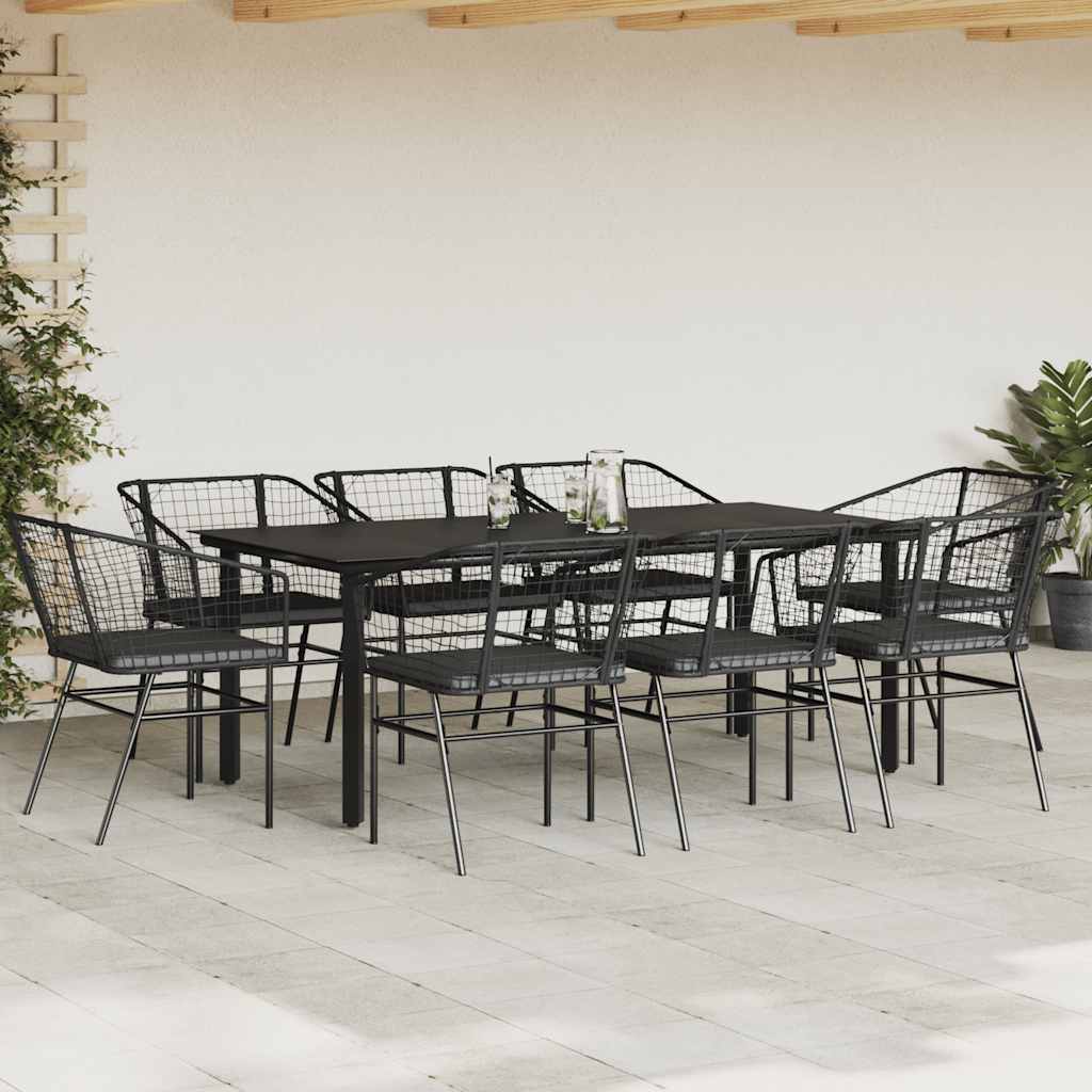 9 Piece Garden Dining Set with Cushions Black Poly Rattan Glass