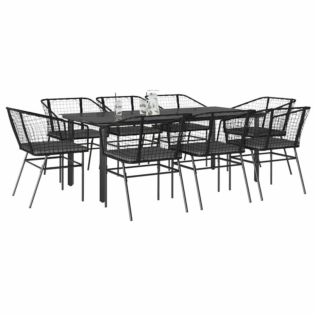 9 Piece Garden Dining Set with Cushions Black Poly Rattan Glass