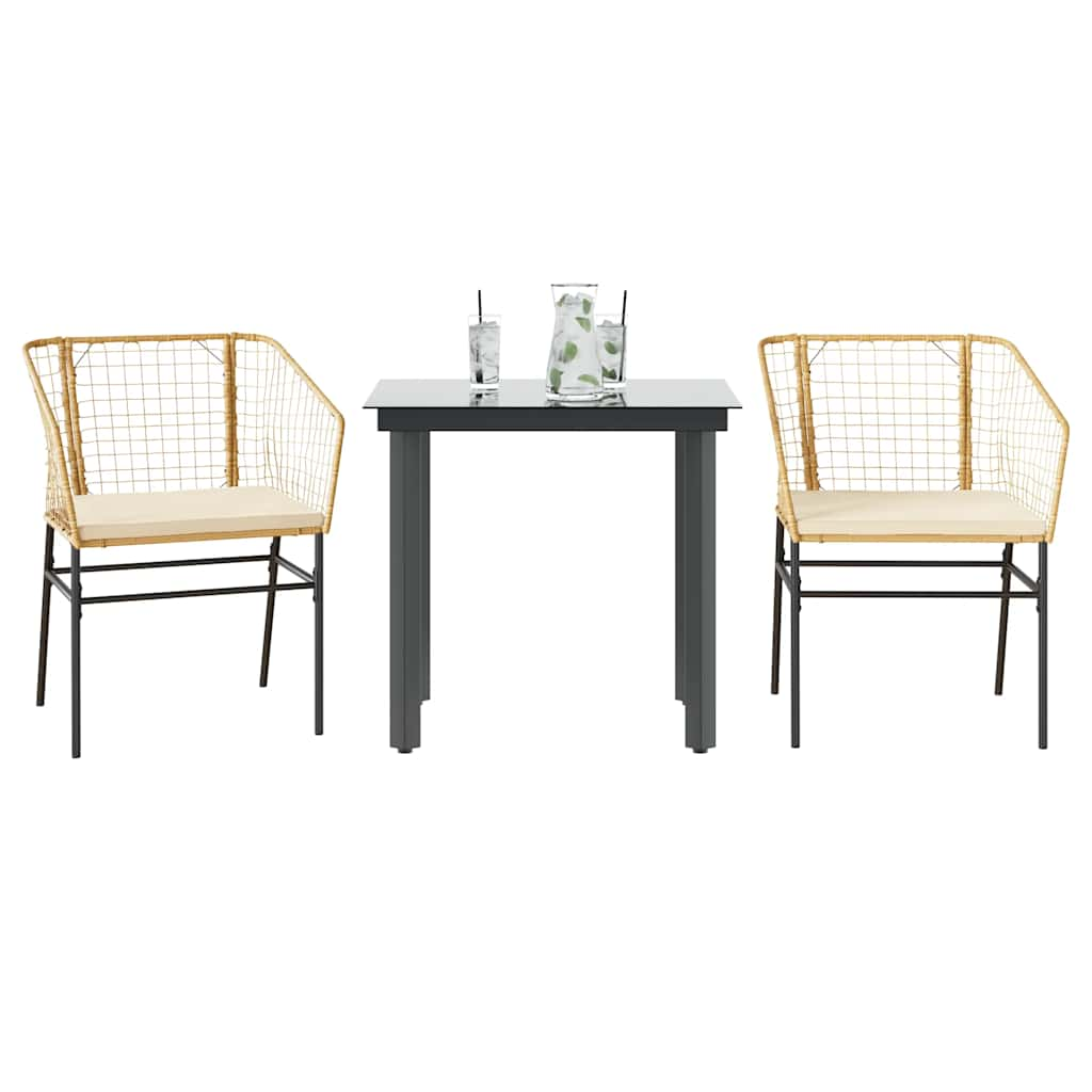 3 Piece Garden Dining Set with Cushions Brown Poly Rattan Glass