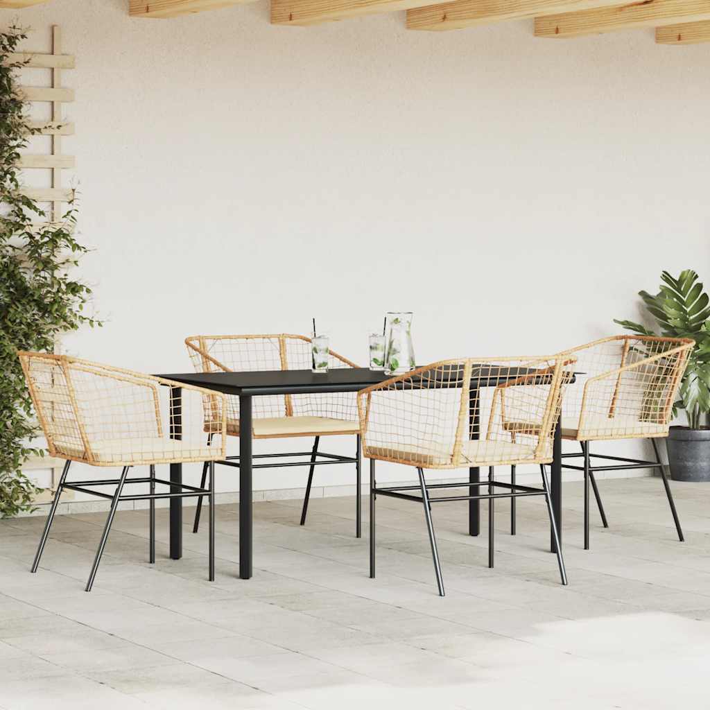 5 Piece Garden Dining Set with Cushions Brown Poly Rattan Glass