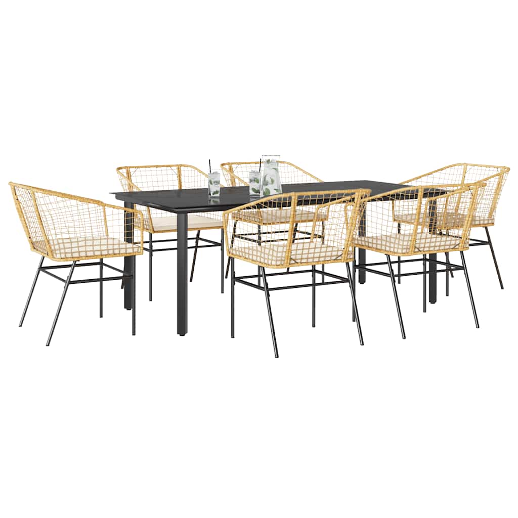 7 Piece Garden Dining Set with Cushions Brown Poly Rattan Glass