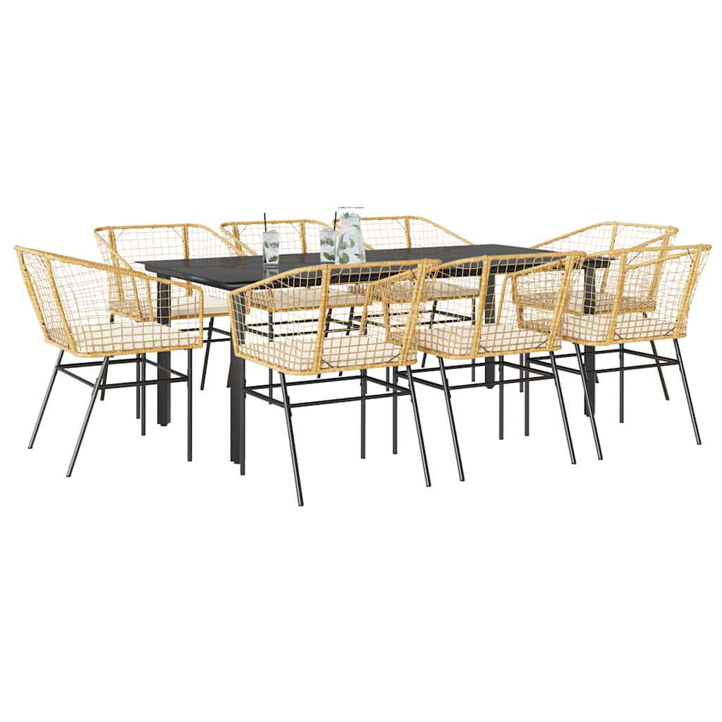 9 Piece Garden Dining Set with Cushions Brown Poly Rattan Glass