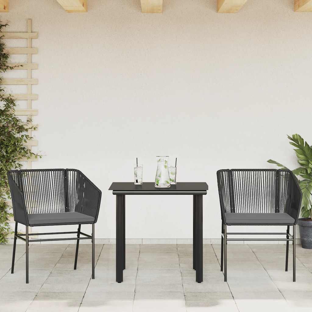 3 Piece Garden Dining Set with Cushions Black Poly Rattan Glass