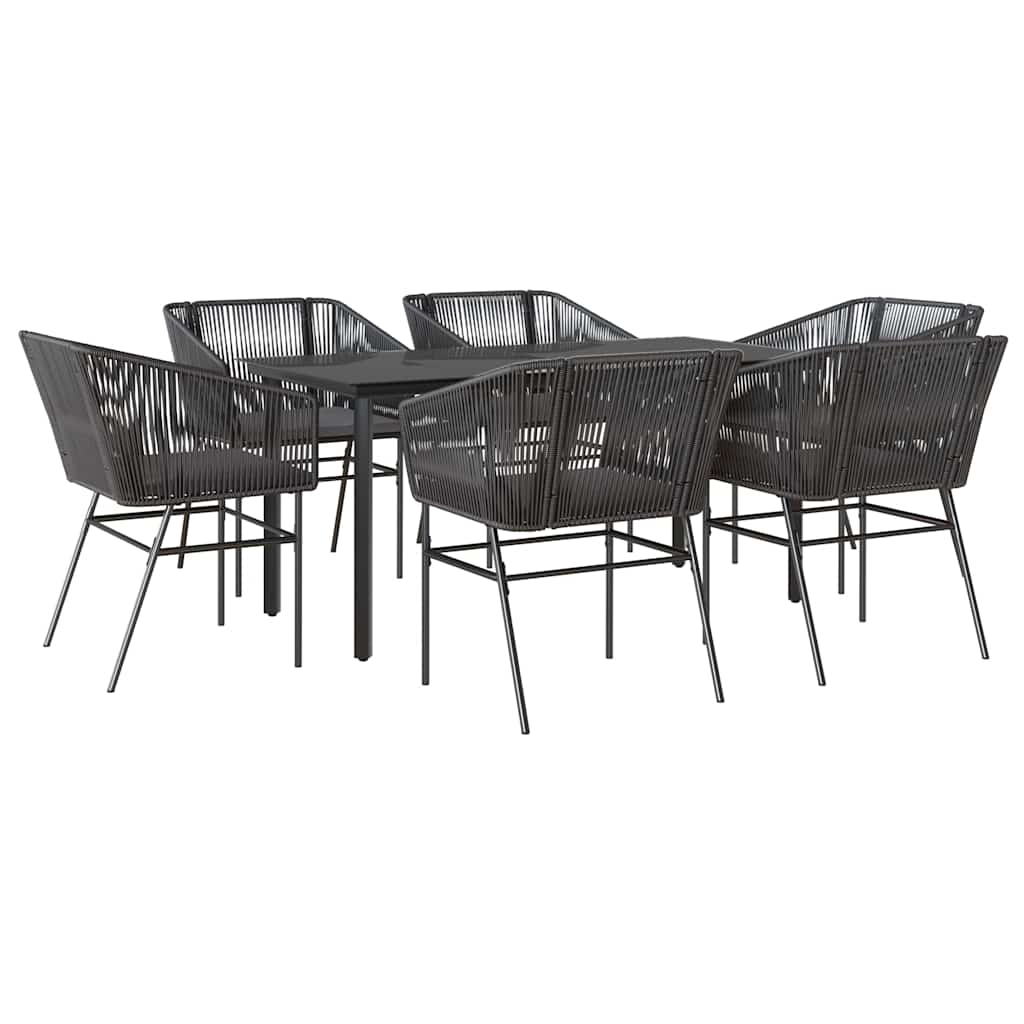 7 Piece Garden Dining Set with Cushions Black Poly Rattan Glass