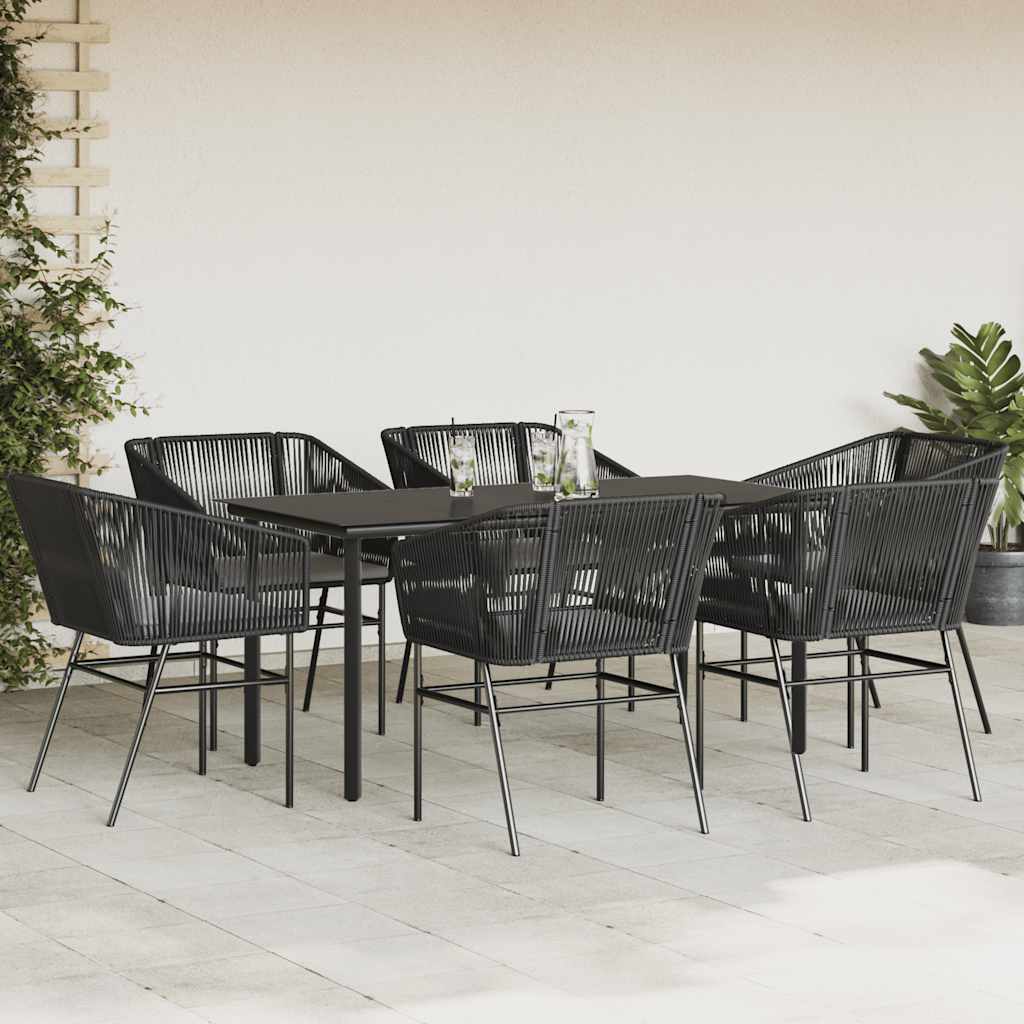 7 Piece Garden Dining Set with Cushions Black Poly Rattan Glass