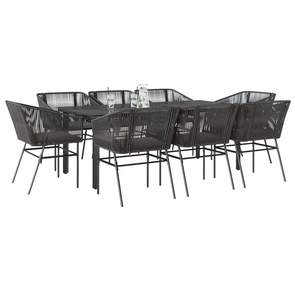 9 Piece Garden Dining Set with Cushions Black Poly Rattan Glass