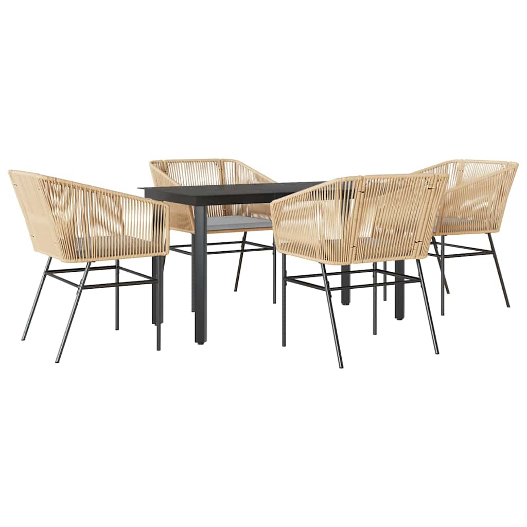 5 Piece Garden Dining Set with Cushions Brown Poly Rattan Glass