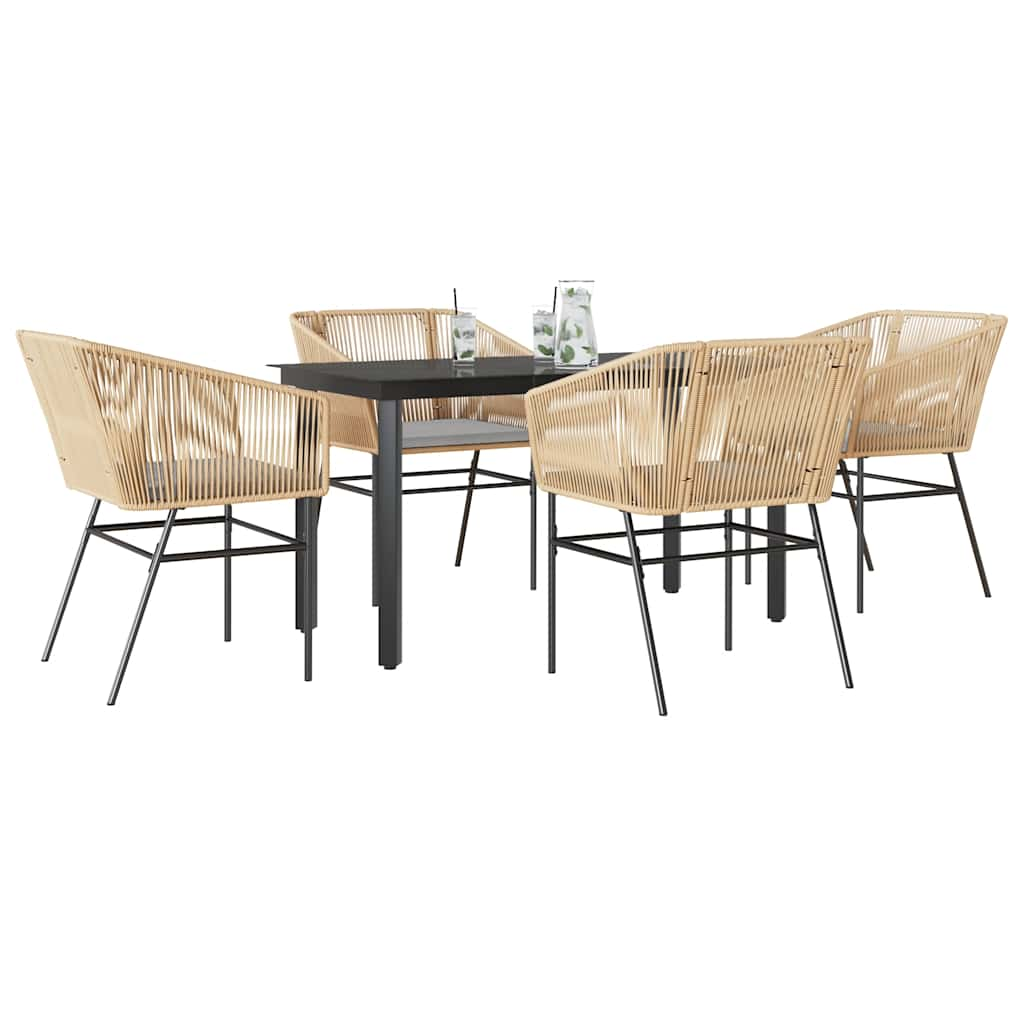 5 Piece Garden Dining Set with Cushions Brown Poly Rattan Glass