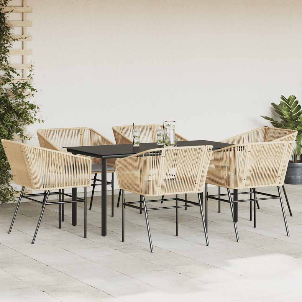 7 Piece Garden Dining Set with Cushions Brown Poly Rattan Glass