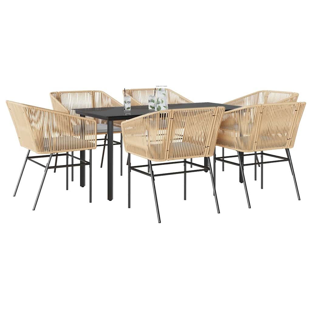 7 Piece Garden Dining Set with Cushions Brown Poly Rattan Glass