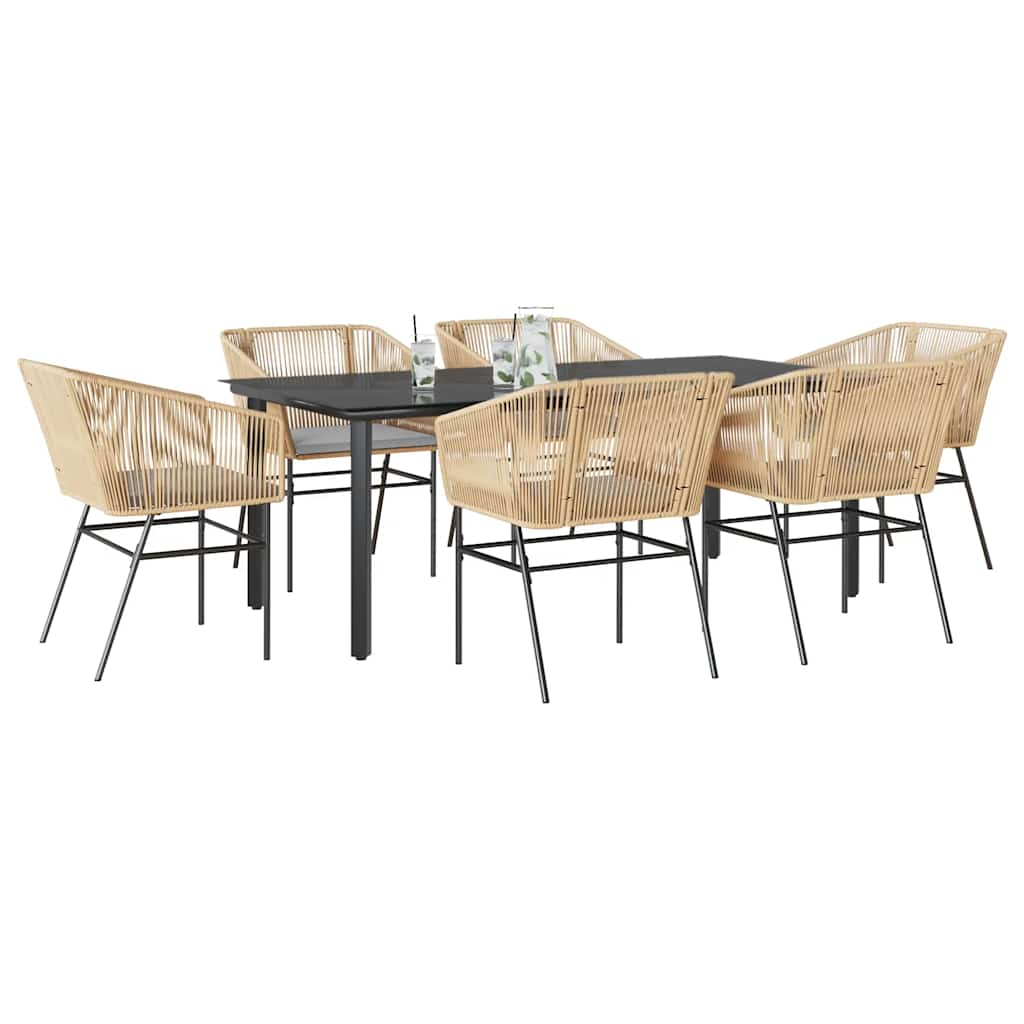 7 Piece Garden Dining Set with Cushions Brown Poly Rattan Glass