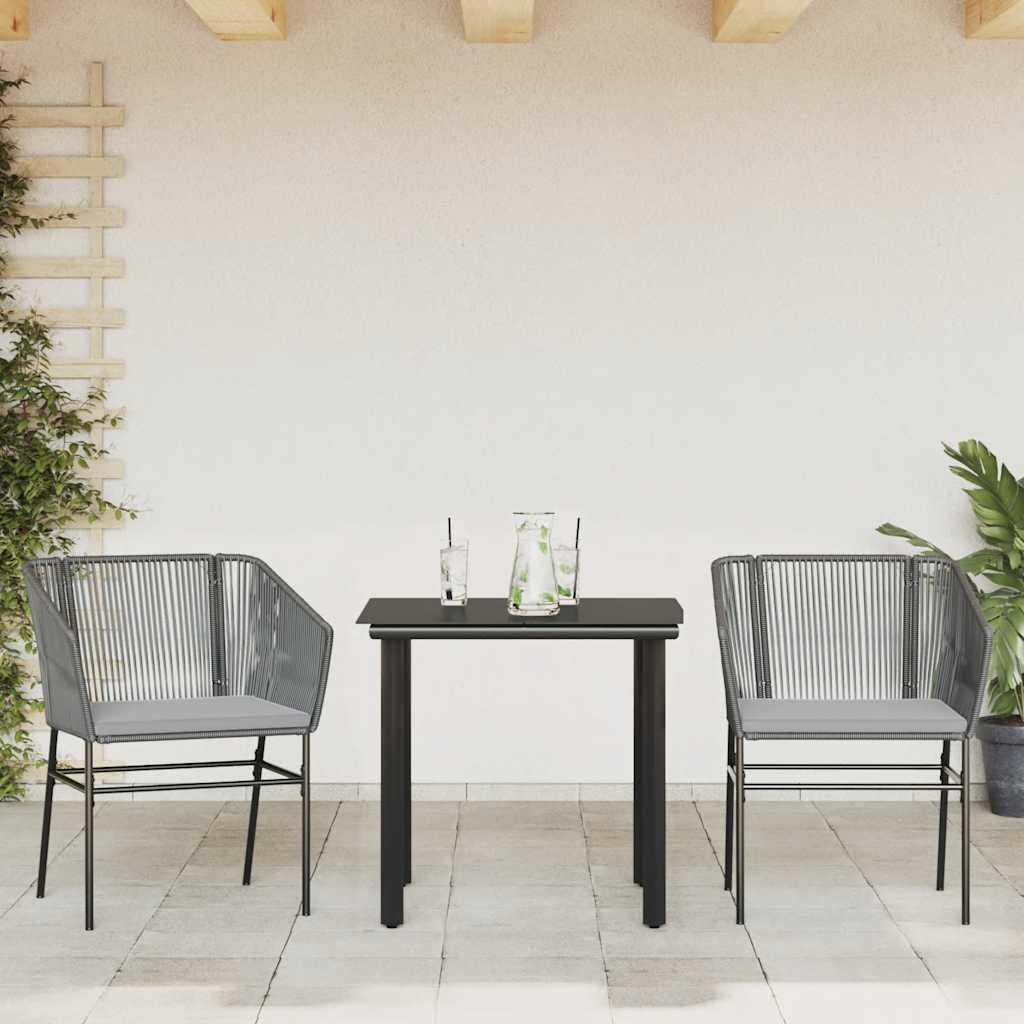 3 Piece Garden Dining Set with Cushions Grey Poly Rattan Glass