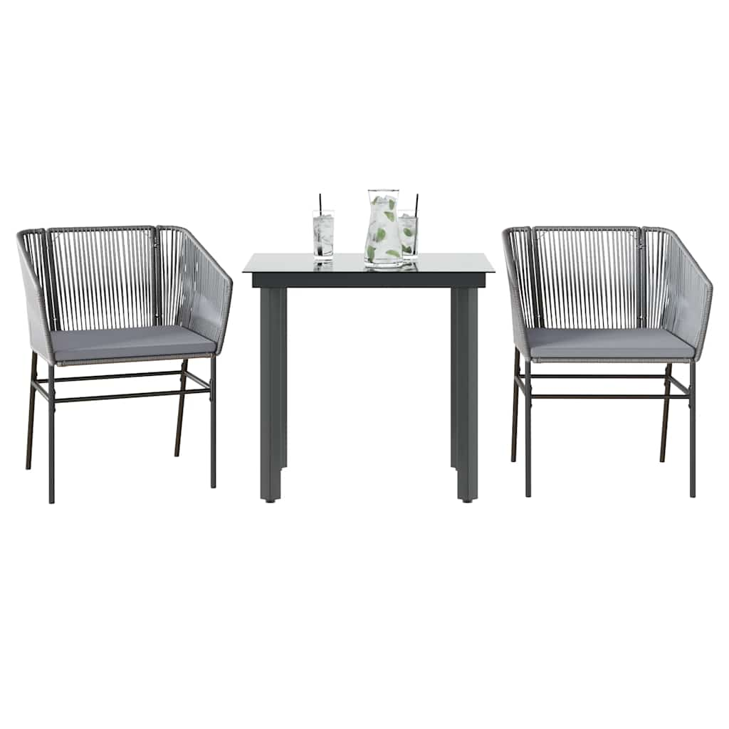 3 Piece Garden Dining Set with Cushions Grey Poly Rattan Glass