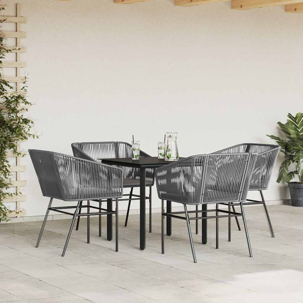 5 Piece Garden Dining Set with Cushions Grey Poly Rattan Glass