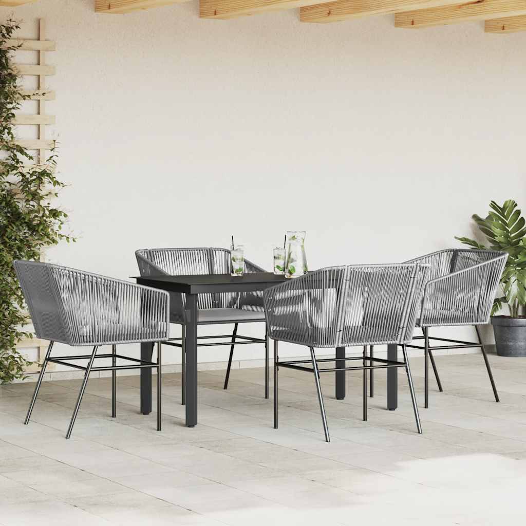 5 Piece Garden Dining Set with Cushions Grey Poly Rattan Glass