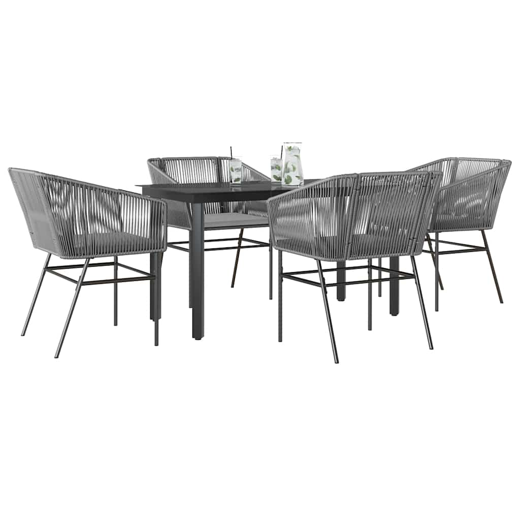 5 Piece Garden Dining Set with Cushions Grey Poly Rattan Glass