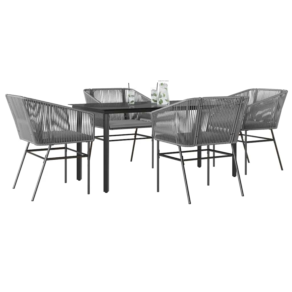 5 Piece Garden Dining Set with Cushions Grey Poly Rattan Glass