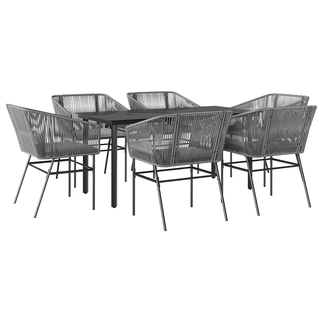 7 Piece Garden Dining Set with Cushions Grey Poly Rattan Glass