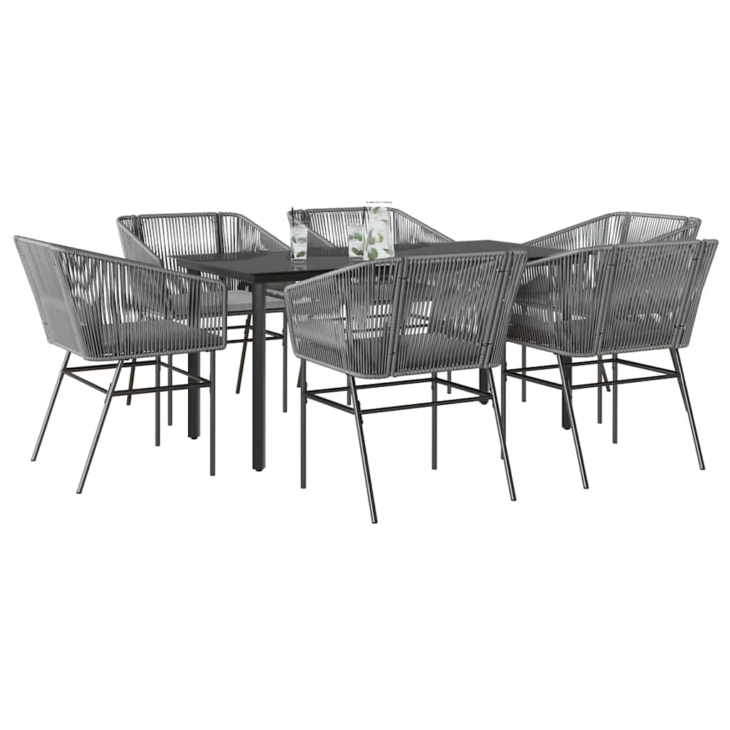 7 Piece Garden Dining Set with Cushions Grey Poly Rattan Glass