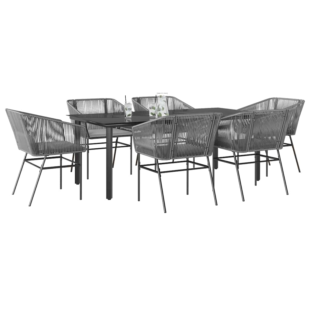 7 Piece Garden Dining Set with Cushions Grey Poly Rattan Glass