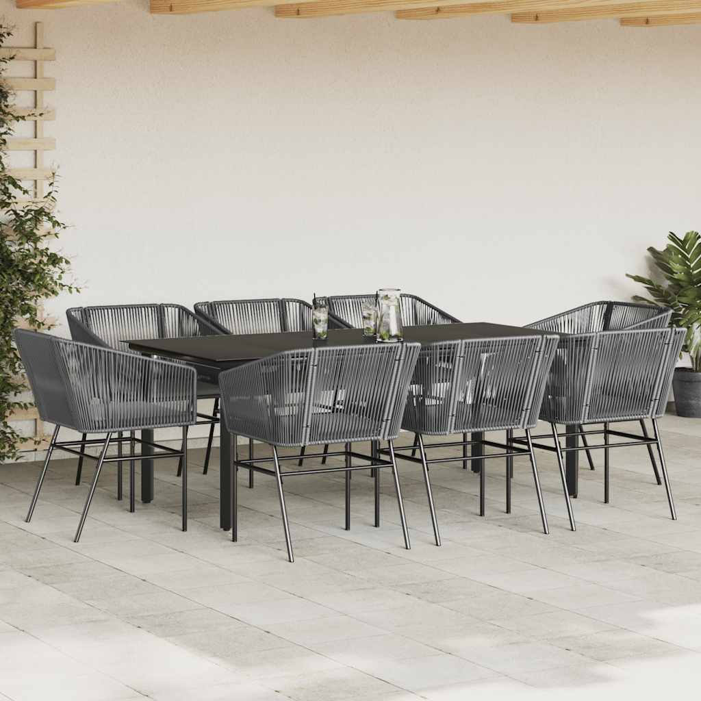 9 Piece Garden Dining Set with Cushions Grey Poly Rattan Glass